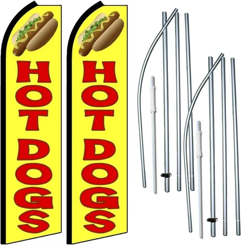 Hot Dogs - Paquete de dos juegos de banderas de plumas Swooper - Incluye 2 banderas de plumas Swooper (en la foto), 2 astas de bandera y 2 picos de