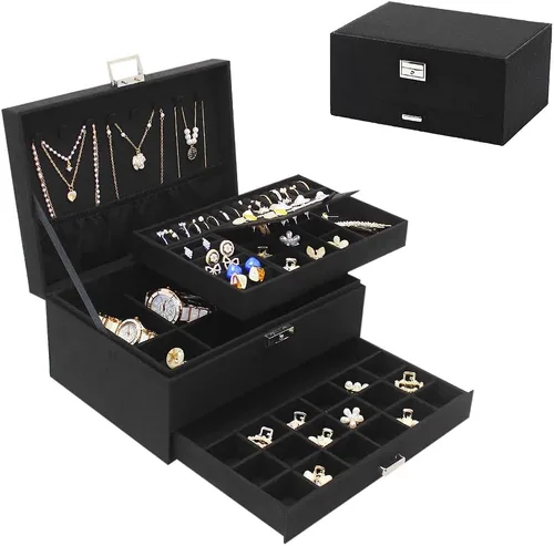 Soddeph Large Jewelry Organizer Box, 3-tier Display Case, Velvet Jewelry Box with Lock and Drawers, Varying Compartments for Necklace, Bracelets,