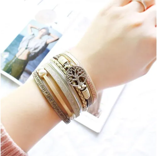 Vista 4 de Fesciory - Pulseras de cuero para mujer, cuentas de cristal, diseño de leopardo, estilo bohemio, múltiples niveles