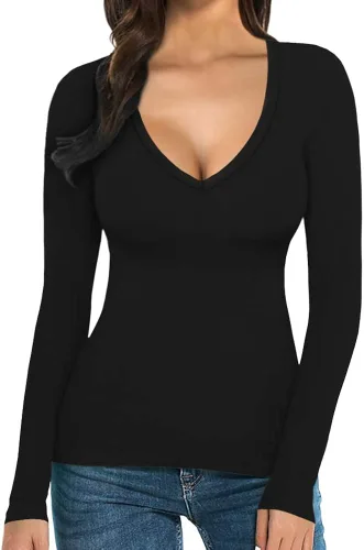 Vista 3 de MANGOPOP - Camiseta de manga corta entallada con cuello en V para mujer