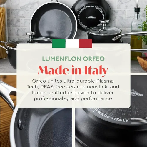 Vista 8 de Orfeo 2.4QT Cacerola antiadherente con tapa, fabricada en Italia, olla de cerámica de diamante sin PFAS, lista para inducción, resistente a