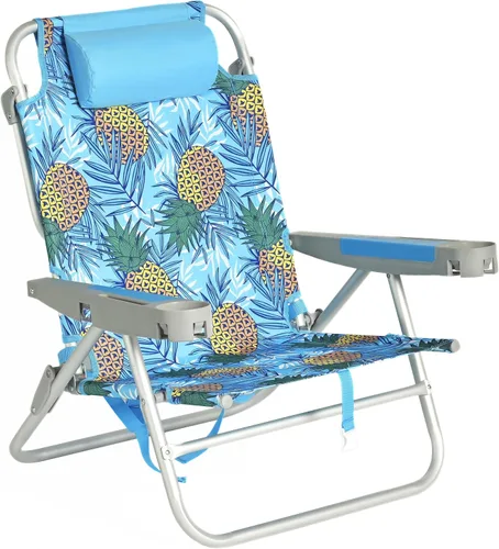 Vista 11 de SUNNYFEEL Silla de Playa Baja de 5 Posiciones Completamente Reclinable, Sillas de Playa Plegables Portátiles Tipo Mochila Resistentes con Bolsa