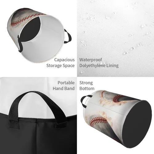 Vista 4 de Cesta circular con estampado de béisbol, impermeable, organizador de almacenamiento, cesta de lavandería con asas para ropa, juguetes pequeños