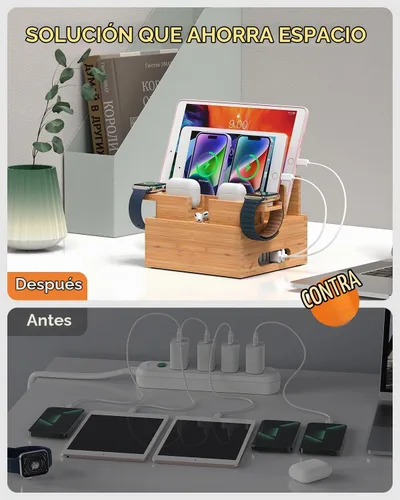 Vista 6 de Pezin & Hulin Soporte de carga de bambú para teléfono con 2 soportes para Bastidor de muelle+Cables