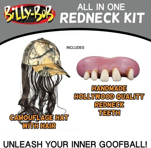 Vista 2 de Billy-Bob Kit todo en uno Redneck - Sombrero de camuflaje Billy Ray con salmonete y dientes de cuello rojo hechos a mano, Marrón