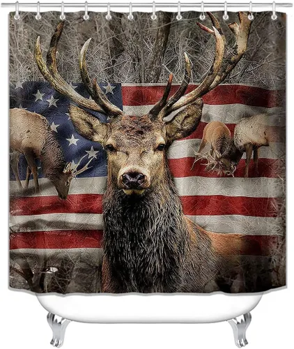 Vista 208 de Camille&Andrew - Juego de 4 cortinas de ducha de tela de ciervo rústico negro, alce, alce, pino, luna, casa de campo, panel rústico, tablero