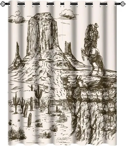 Vista 43 de Cortinas opacas retro de vaquero occidental para dormitorio, estilo rústico, cactus, salvaje oeste, vaquero, paseo, caballo, con ojales, aislamiento