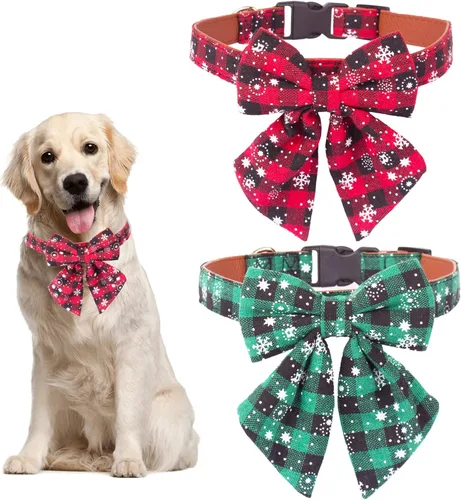Vista 8 de ADOGGYGO Collar de Navidad para perro con pajarita, collar ajustable con corbatín para perro, collar de Navidad a cuadros rojos y verdes para perros