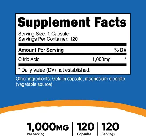 Vista 2 de Nutricost Ácido cítrico 1000 mg (0.04 oz), 120 cápsulas, sin gluten, sin OMG