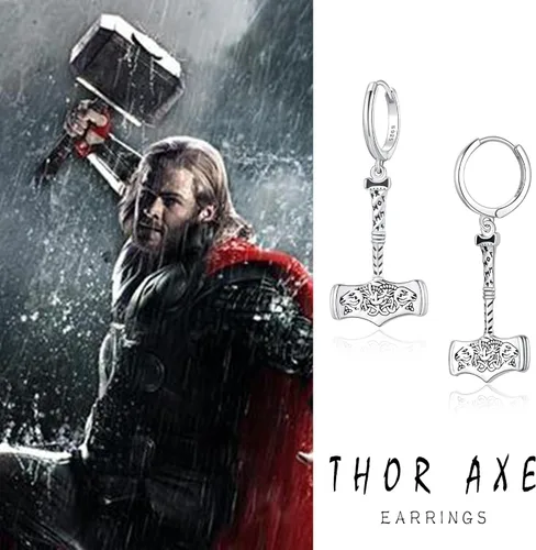 Vista 6 de KATHLU Aretes de aro con diseño de runas vikingas, espada de calavera, huesos de cruz de cráneo, punta de flecha, lanza valknutnudo de brujamartillo