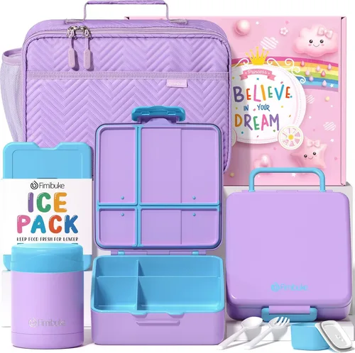 Vista 14 de Fimibuke Lonchera Bento para niños con 4 compartimentos, bolsa aislada, tarro de alimentos al vacío de acero inoxidable, paquete de hielo, juego