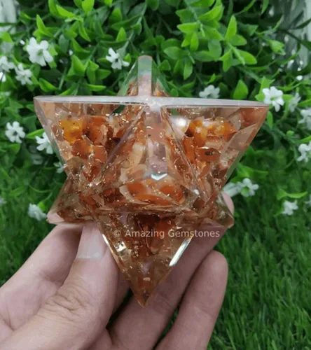 Vista 5 de Estrella Merkaba de orgón de cristal grande de cornalina para meditación curativa de Reiki y rejilla de cristal