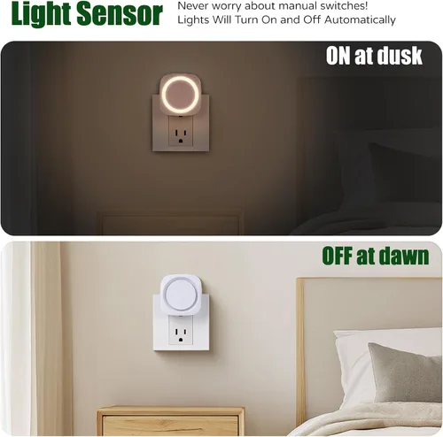 Vista 4 de Luces nocturnas de color blanco cálido enchufables en la pared, paquete de 4 luces nocturnas regulables con sensor automático de atardecer a