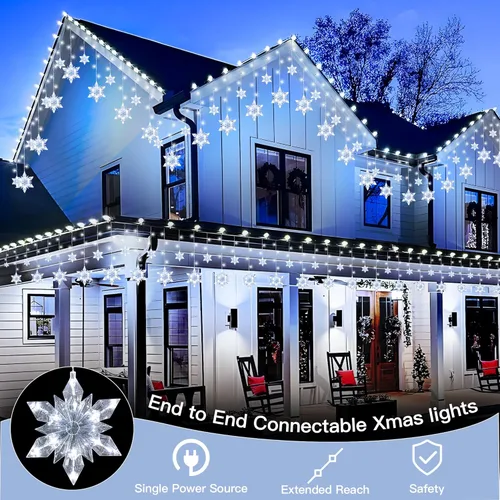 Vista 2 de Luces Navideñas de Copo de Nieve para Exteriores, 8.2 pies, 144 LED Luces de Cadena Navideñas Conectables con Enchufe, Luces Colgantes de Carámbano