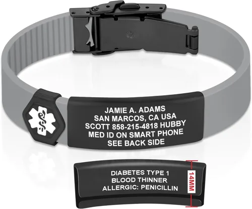 Vista 70 de Divoti Pulsera de identificación de alerta médica grabada personalizada, grabado láser de doble cara, pulsera de silicona, cierre de seguridad