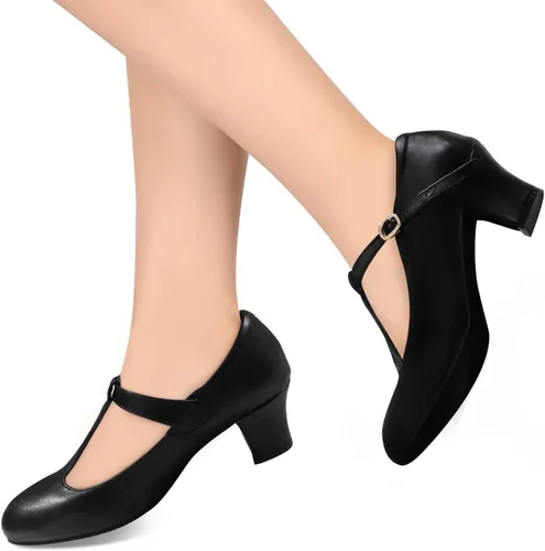 Vista 5 de Zapatos de carácter con correa en T para mujer, tacones de baile de salón latino, bombas de boda negras