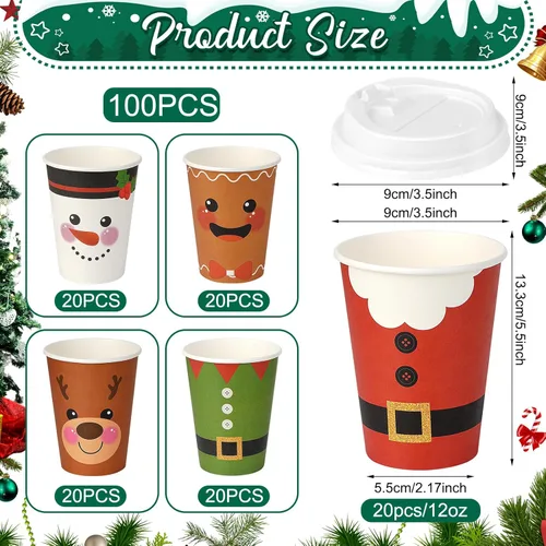 Vista 2 de 100 vasos de papel de Navidad de 12 onzas con tapas, tazas de té desechables de Navidad para bebidas frías, chocolate caliente, chocolate caliente