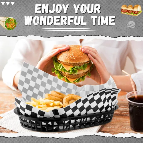Vista 4 de Uiifan 24 cestas de comida para servir con 100 forros de delicatessen, cestas de comida rápida de 10.5 x 7 pulgadas, bandejas de servicio de Negro