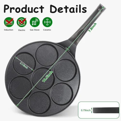 Vista 2 de Sartén antiadherente para hotcakes con diseño de parrilla de 7 moldes, mini fabricante de hotcakes con revestimiento libre de PFOA - Negro