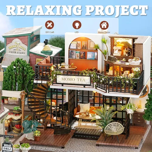 Vista 8 de Flever Kit de casa de muñeca en miniatura DIY, habitación creativa con muebles para regalo artístico romántico (Forest Teashop)