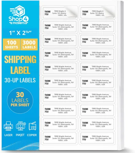 Shop4Mailers 30 etiquetas autoadhesivas permanentes blancas de 1 pulgada x 2 5/8 pulgadas, calcomanías fáciles de despegar para impresoras láser y