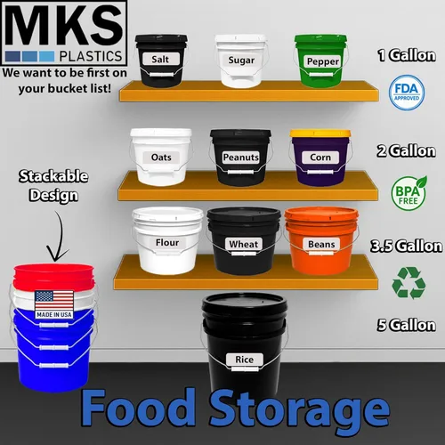 Vista 3 de MKS Plastics Cubo de 3.5 galones con tapa hermética, fabricado en Estados Unidos, plástico libre de BPA de grado alimenticio, resistente multiuso
