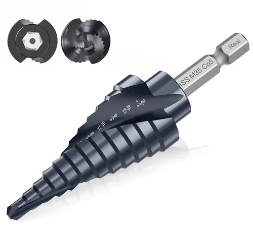 Vista 17 de Broca de cuatro Sprial Flauta M35 de cobalto, 1/4"-1-1/8" Ultra TiAIN recubierta Unibit broca, broca de vástago hexagonal de 1/4" para metal, acero