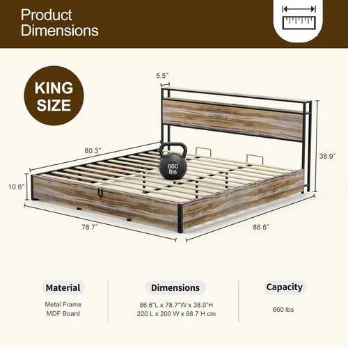 Vista 11 de IKIFLY Cama de almacenamiento elevable tamaño King con estación de carga, marco de cama de metal King con cabecera de estante de almacenamiento
