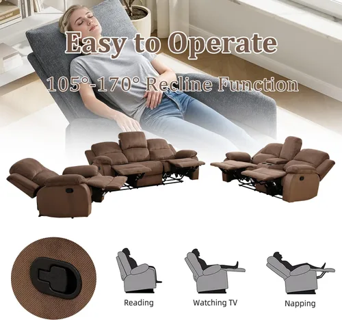 Vista 5 de Sofá reclinable manual, sofá reclinable con portavasos de 3 asientos, sofá de 3 asientos con mesa auxiliar desplegable para sala de estar, oficina