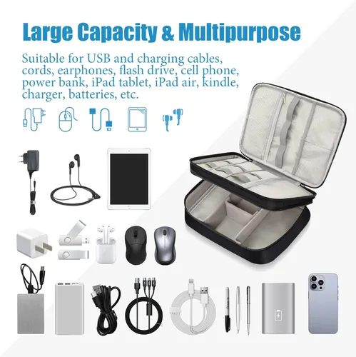 Vista 6 de SELLYFELLY Organizador de viaje para electrónica, bolsa organizadora de cables de doble capa, bolsa de almacenamiento de accesorios electrónicos a