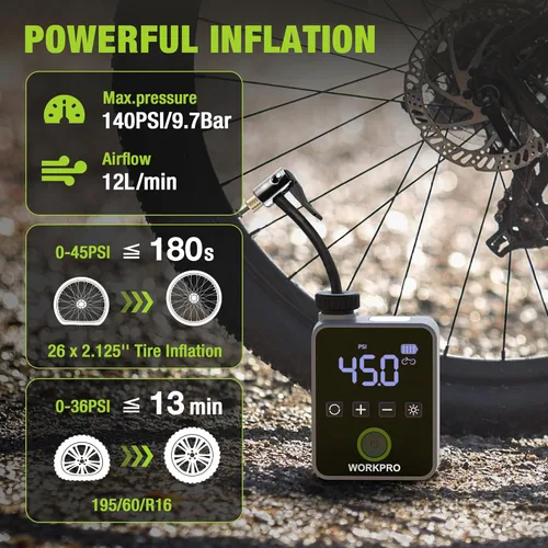 Vista 3 de WORKPRO Mini bomba eléctrica para bicicleta, bomba de neumático de bicicleta portátil de 140 PSI con manómetro, pantalla digital, apagado