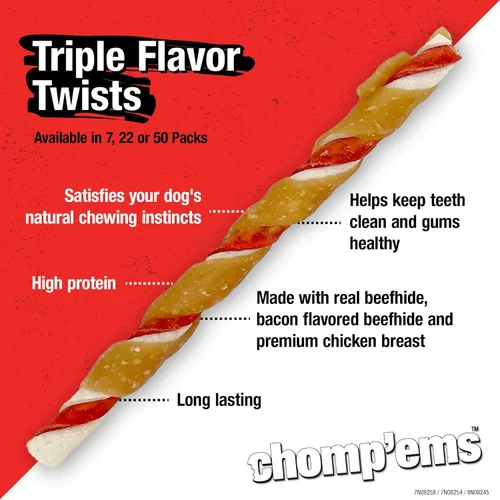 Vista 4 de CHOMP 'EMS Palitos giratorios de cuero crudo de triple sabor – Masticables para perros de piel de res, 50
