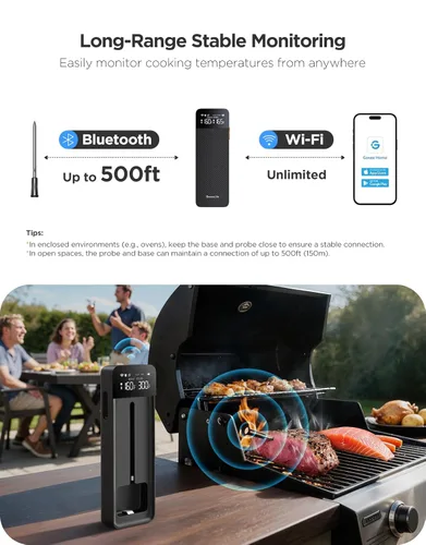 Vista 2 de GoveeLife Termómetro inalámbrico Bluetooth para carne con base LCD digital independiente, rango ilimitado WiFi, precisión 1.8, sondas de sensor