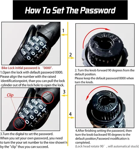 Vista 6 de Candado de cable para bicicleta de 6 pies de largo, candado de combinación reseteable de 4 dígitos, cable de acero resistente con revestimiento