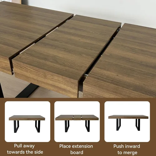 Vista 5 de Juego de mesa de comedor extensible marrón de 63 a 78.74 pulgadas para 4, juego de mesa de comedor de 5 piezas con 4 sillas tapizadas, mesa