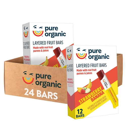 Pure Organic Barras de frutas en capas, plátano de fresa, sin gluten, aperitivos de frutas veganas (2 cajas, 24 barras)