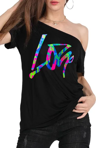 Vista 78 de MAGICMK - Camiseta casual para mujer, con estampado de labios y hombro descubierto, talla extragrande