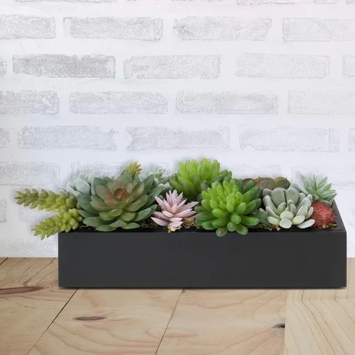 Vista 3 de MyGift Centro de mesa de plantas suculentas artificiales modernas de 12 pulgadas en maceta rectangular de madera negra