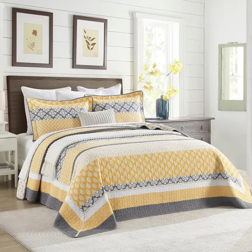 Vista 12 de Finlonte Colcha tamaño Queen extragrande de 100 % algodón de 102 x 120 pulgadas, juego de colcha acolchada floral a rayas de granja, edredón ligero