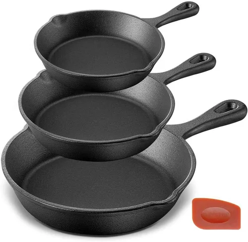 NutriChef Pre-Seasoned Cast Iron Skillets - 3 Pieces Cast Iron Cookware Set w/Drip Spout and Scraper - Compatible with Induction, Electric Stovetop,