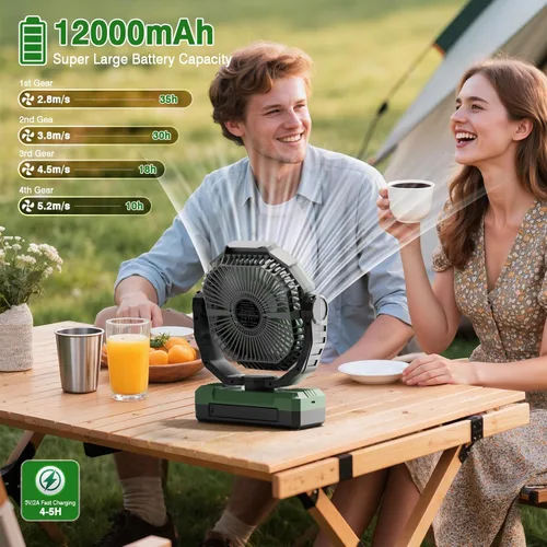 Vista 2 de FRIZCOL Ventilador de camping 3 en 1 - Ventiladores portátiles recargables - Ventilador con batería de alta capacidad (60 horas) con luz y control