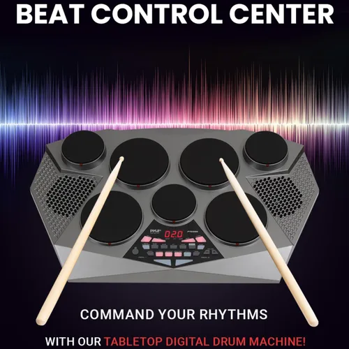 Vista 2 de Pyle, PTED06, tablero de batería electrónica con bocinas integradas, pedales de pie y kit de palillos de batería