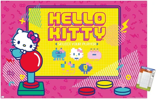 Vista 12 de Trends International Hello Kitty: Póster de pared Kawaii Arcade de 22.4 pulgadas de largo x 14.7 W, versión enmarcada de madera de granero