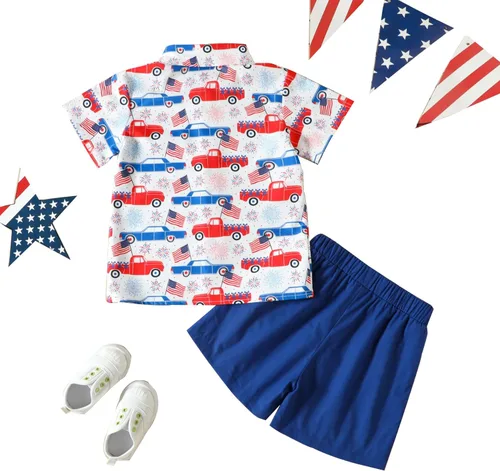 Vista 2 de YAGATA Conjunto de ropa de verano para bebÃ© y niÃ±o pequeÃ±o, camisa con botones, camiseta casual para el 4 de julio