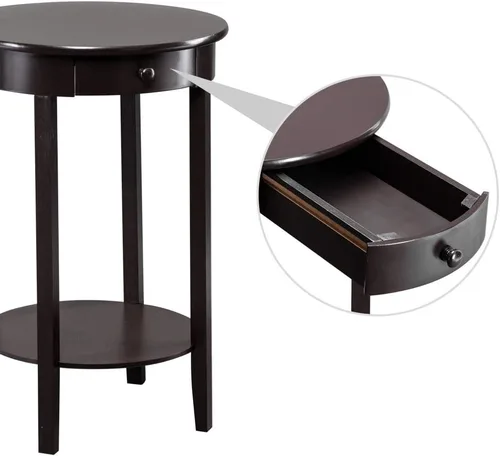 Vista 9 de Mesas de centro para sala de estar, pequeña mesa de centro redonda con cajón de almacenamiento y estante, mesa de centro de madera maciza moderna