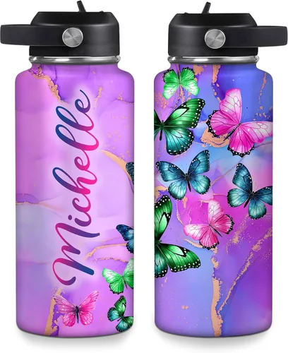 Vista 12 de Hyturtle Botella de agua personalizada de mariposa, botella de acero inoxidable aislada con nombre personalizado con tapa a prueba de fugas, 18