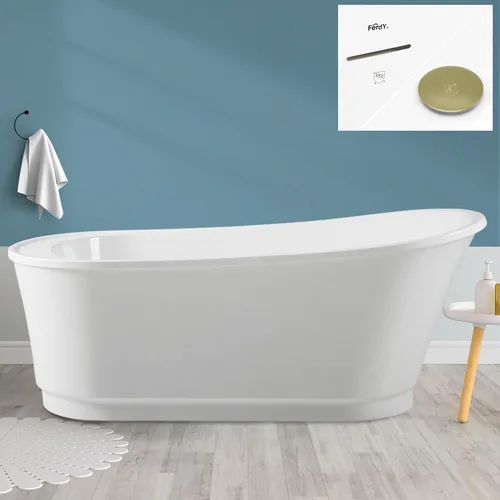 Vista 26 de FerdY Langkawi - Bañera independiente de acrílico de 59 pulgadas, bañera de remojo sola moderna blanca, certificado cUPC, drenaje dorado cepillado