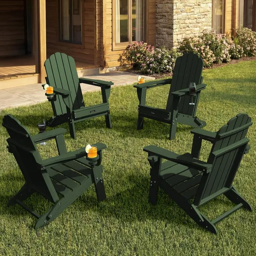Vista 37 de Silla Adirondack plegable, silla Adirondack de HDPE con 2 soportes para tazas, sillas para fogatas al aire libre de fácil montaje para patio