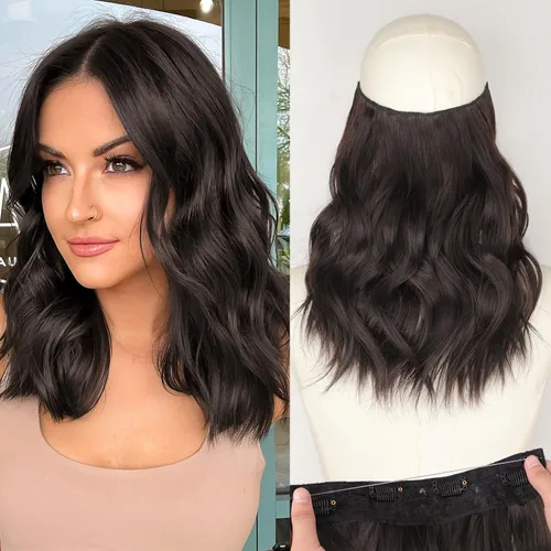 Vista 64 de KooKaStyle - Extensiones de cabello con hilo invisible, diadema transparente, ajustables, 4 clips fijadores, cabello largo y ondulado de 12