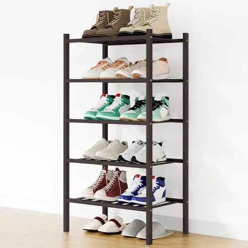 Vista 43 de Smiry Zapatero pequeño de bambú de 2 niveles, apilable, estante de almacenamiento de zapatos de madera para armario, entrada, entrada de puerta Negro